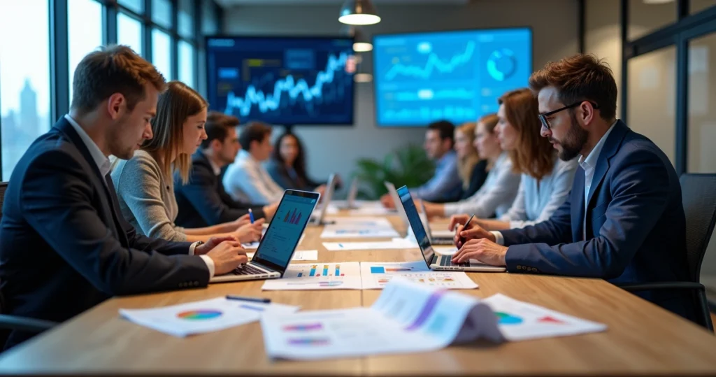 Equipe de especialistas em marketing digital reunida ao redor de uma mesa com notebooks, gráficos e relatórios